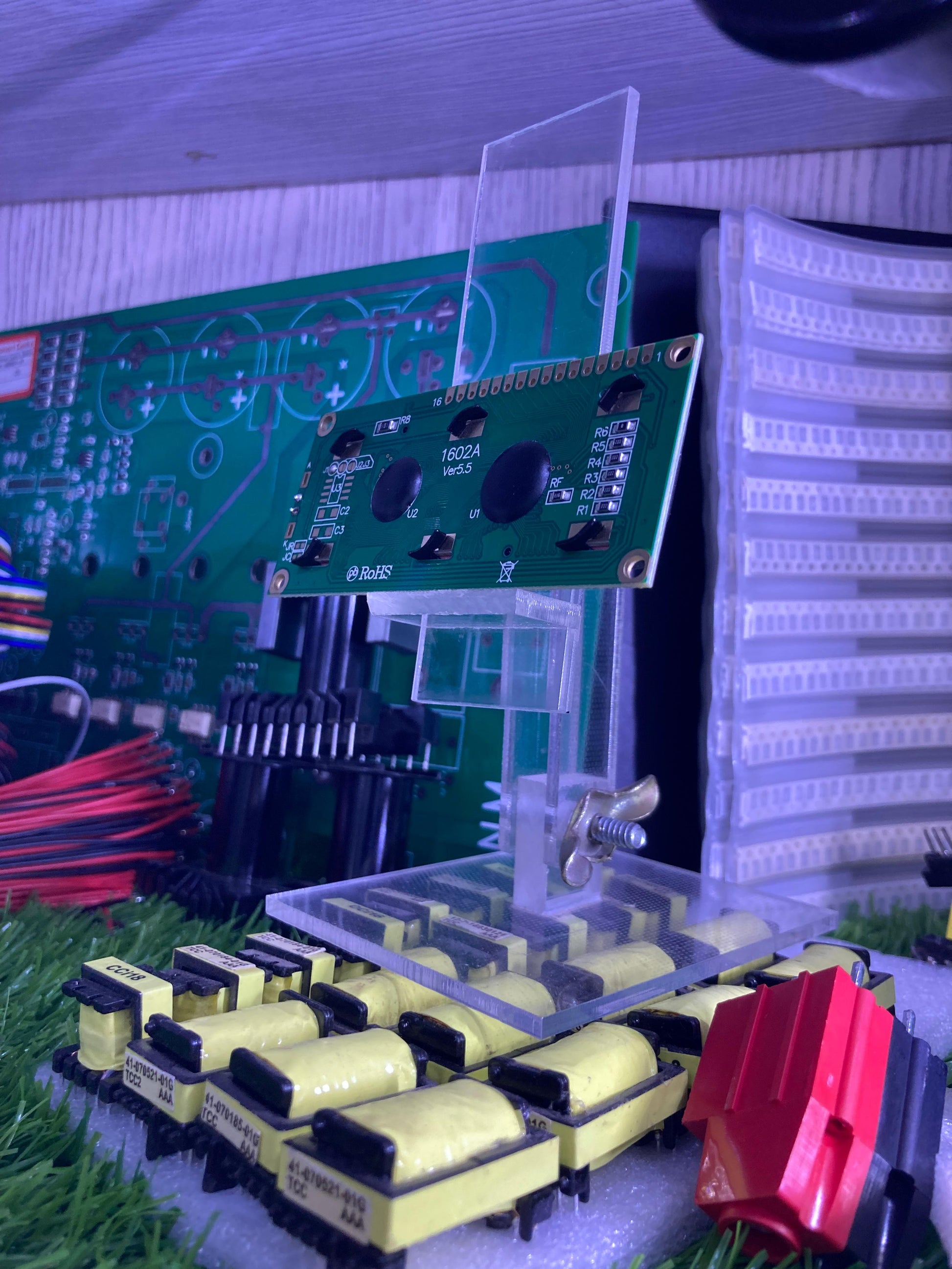 16x2 Blue LCD module mounted on a circuit board with electronic components from The Component Centre