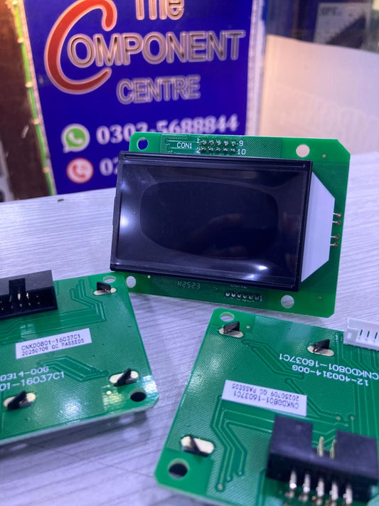 JDA0801-16037C1 LCD module on green PCB with connectors surrounded by two circuit boards and Component Centre sign
