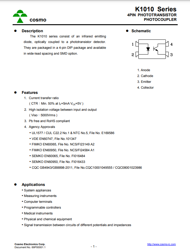PC817 datasheet page for K1010 series 4-pin phototransistor photocoupler by The Component Centre