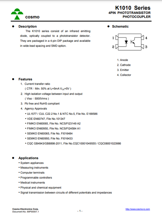 PC817 datasheet page for K1010 series 4-pin phototransistor photocoupler by The Component Centre