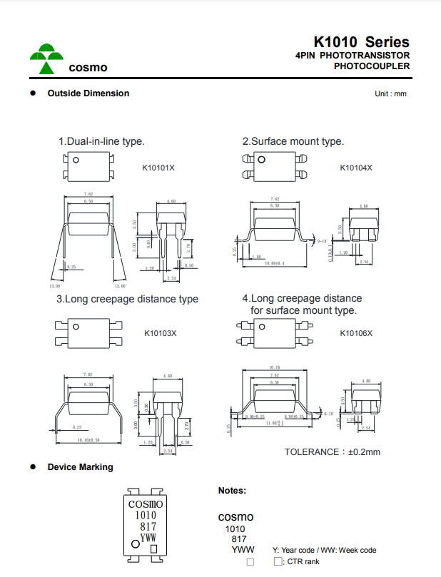 Technical diagram of K1010 Series 4-pin phototransistor photocoupler by The Component Centre featuring PC817
