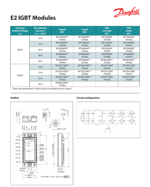 Danfoss E2 IGBT Modules technical specifications and circuit configuration diagram for DP15H1200