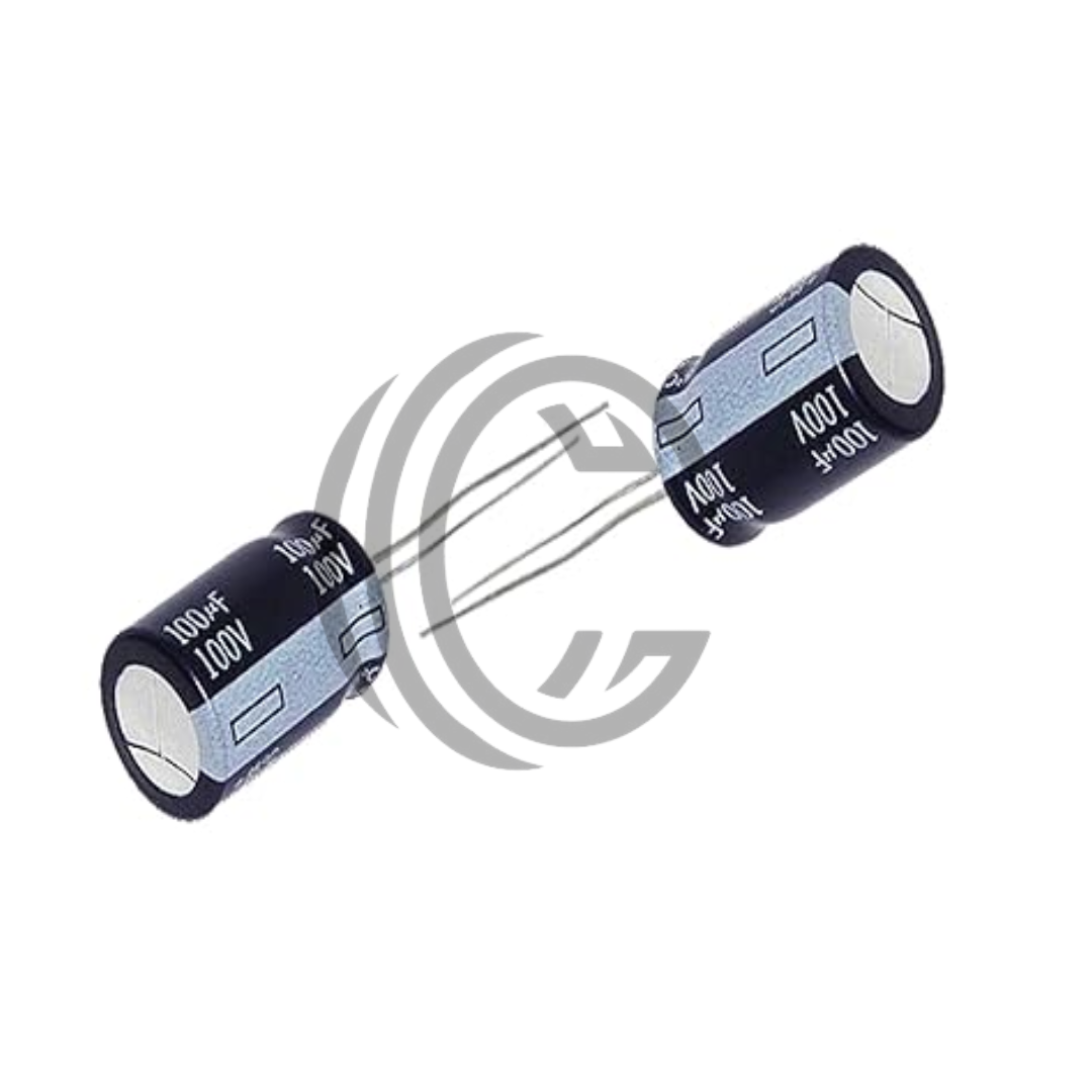 Two 100uF 100V electrolytic capacitors from The Component Centre with metal leads