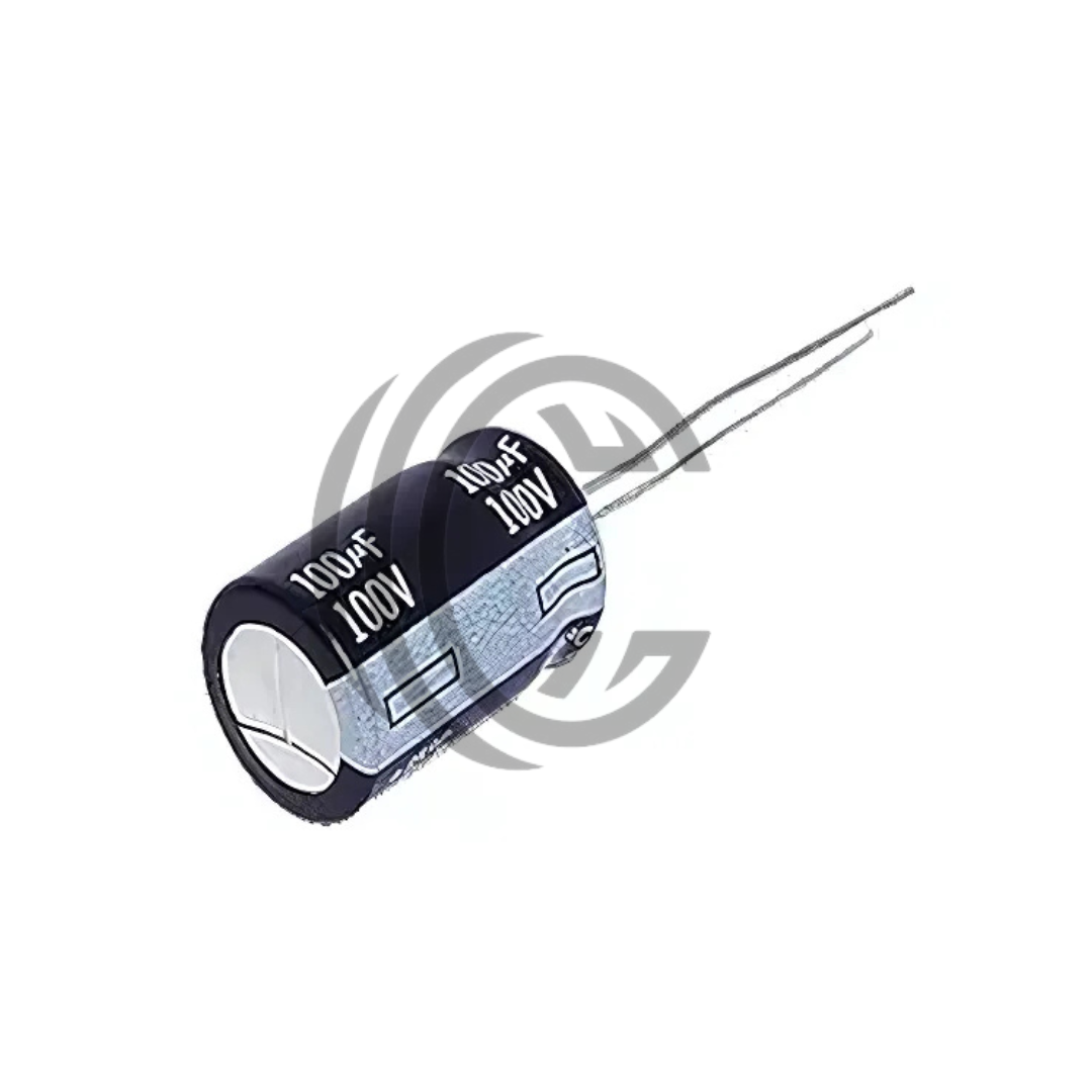 100uF 100V electrolytic capacitor with black and silver body and two metal leads