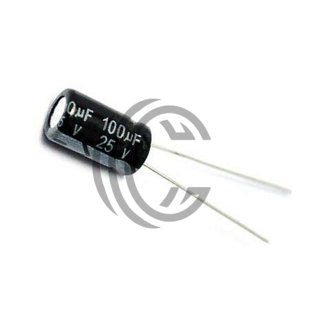 100uF 25V black electrolytic capacitor with two wire leads from The Component Centre