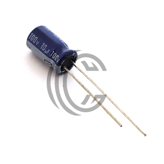 10uF 100V radial electrolytic capacitor with blue casing and long wire leads from The Component Centre