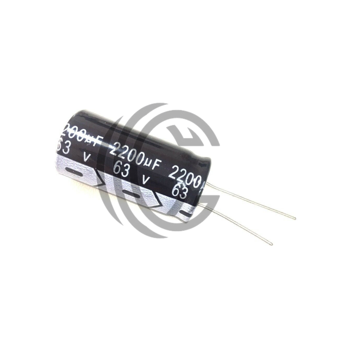 2200uF 63V electrolytic capacitor with axial leads from The Component Centre