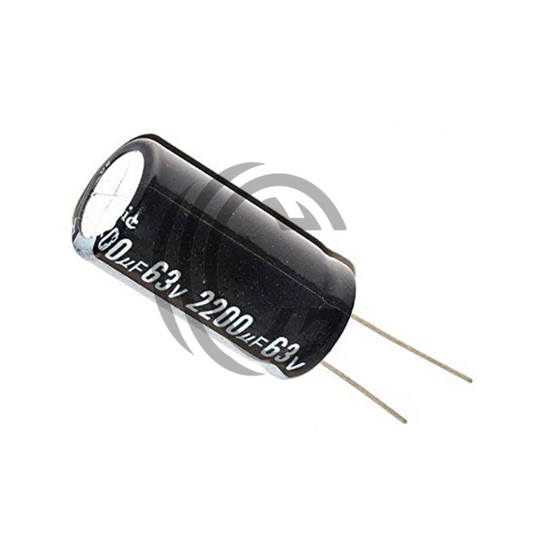 2200uF 63V black electrolytic capacitor with two metal leads from The Component Centre