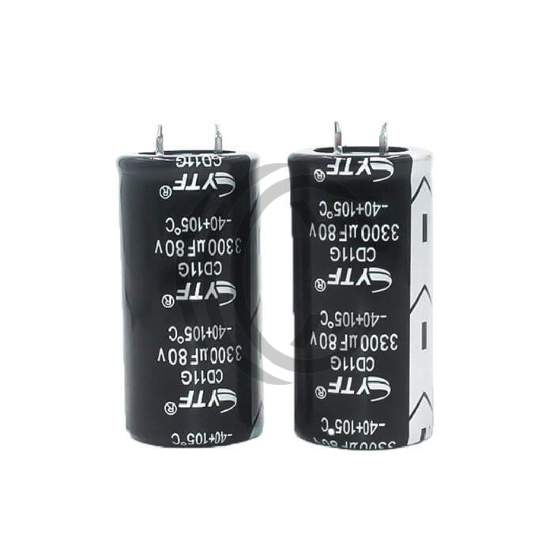 3300uF 80V black cylindrical capacitors with metal leads from The Component Centre