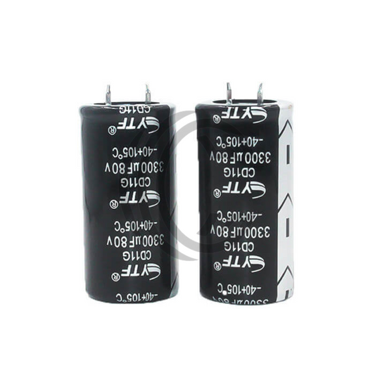 3300uF 80V black cylindrical capacitors with metal leads from The Component Centre