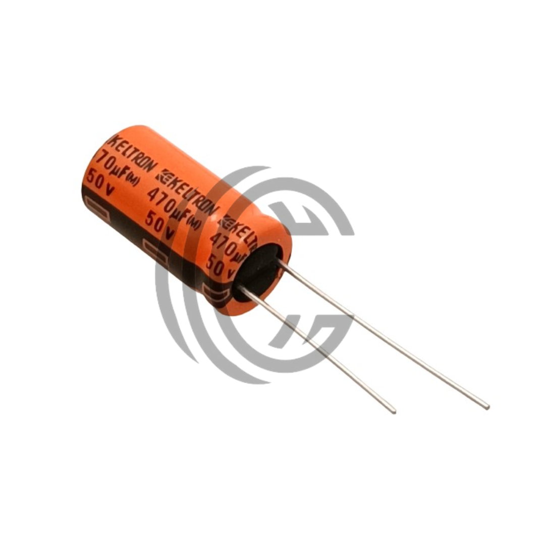 470uF 50V electrolytic capacitor with orange body and two metal leads from The Component Centre