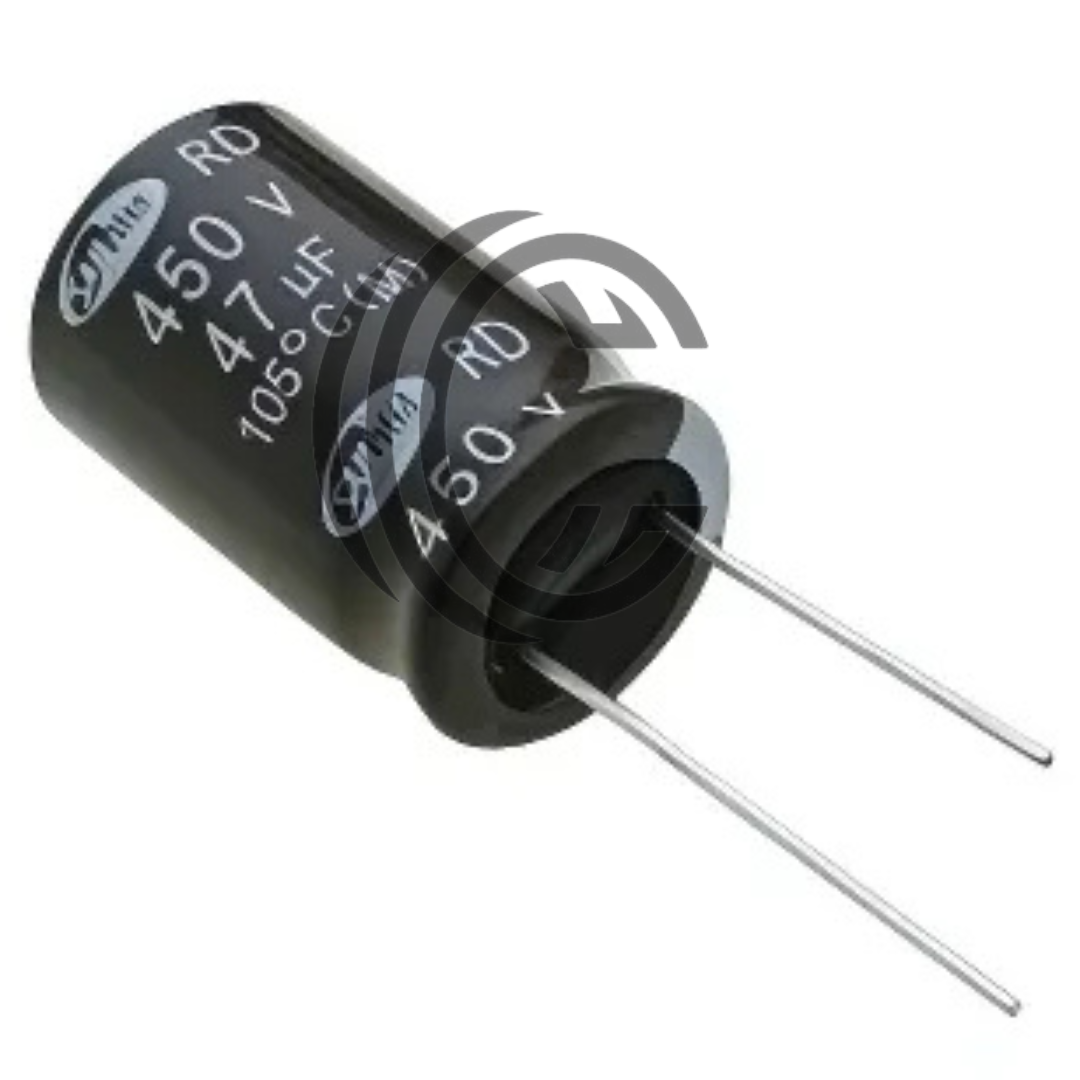 Black electrolytic capacitor rated 47uF 250V with two metal leads for electronic circuits