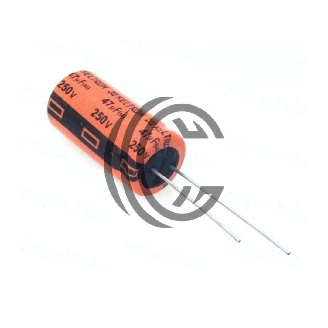 47uF 250V orange and black radial electrolytic capacitor with long leads from The Component Centre