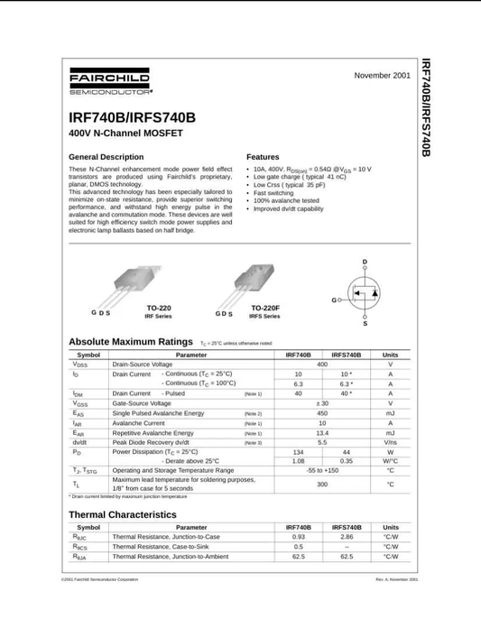 Fairchild IRF740 400V N-Channel MOSFET datasheet with technical specifications and pin diagram