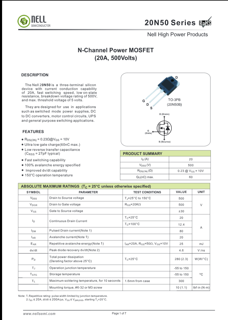 Nell 20N50 N-Channel Power MOSFET 20A 500 Volts with detailed specifications and product summary