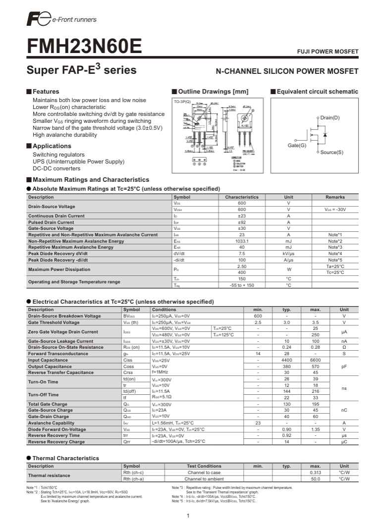 Technical datasheet for FMH23N60E N-channel silicon power MOSFET showing electrical characteristics and specifications