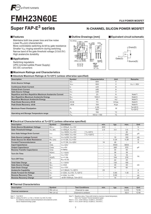 Technical datasheet for FMH23N60E N-channel silicon power MOSFET showing electrical characteristics and specifications