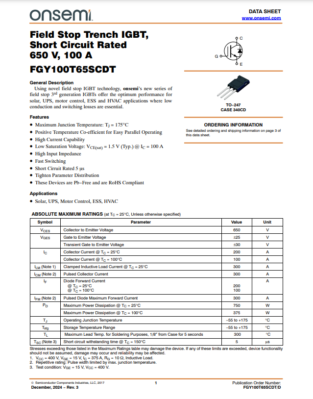 FGY100T65 SCTD Field Stop Trench IGBT 650V 100A electronic component datasheet by The Component Centre
