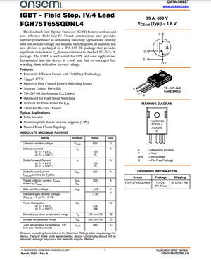 FGH75T65 insulated gate bipolar transistor IGBT component with TO-247 4-lead package from The Component Centre