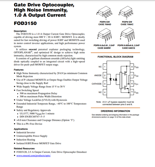 FOD3150 gate drive optocoupler with high noise immunity and 1 amp output current from The Component Centre