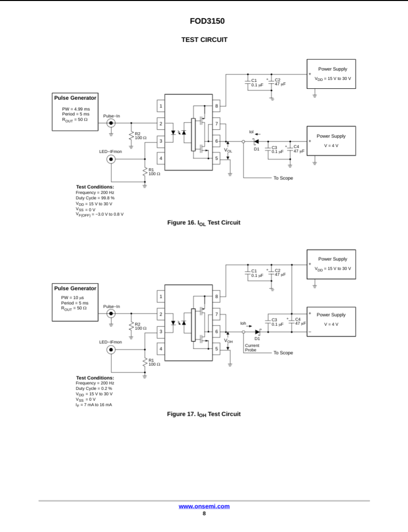 FOD3150A test circuit diagrams showing pulse generator and power supply connections for device testing