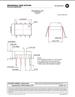 Technical drawing of FOD3150A semiconductor component mechanical case outline with dimensions