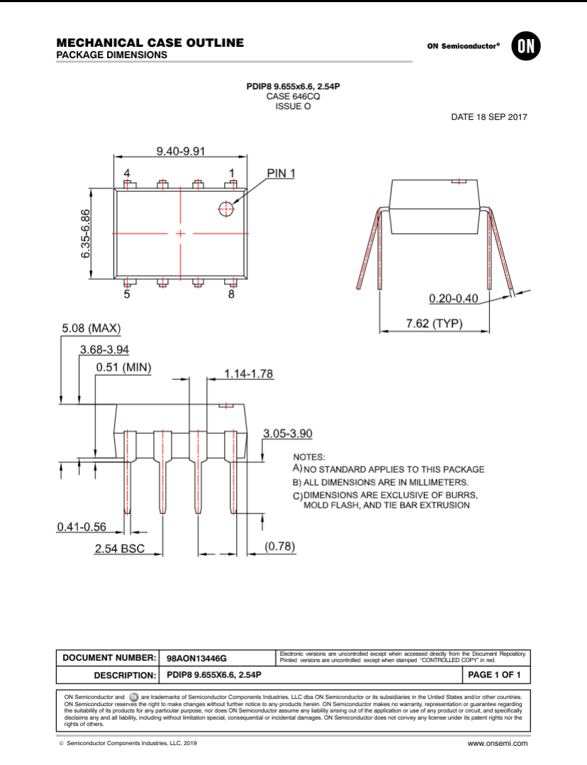 Technical drawing of FOD3150A semiconductor component mechanical case outline with dimensions
