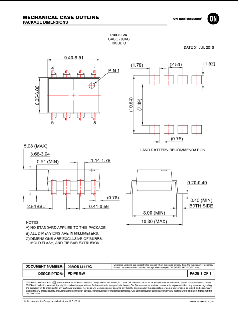 Technical mechanical case outline drawing for FOD3150A with package dimensions and pin configuration