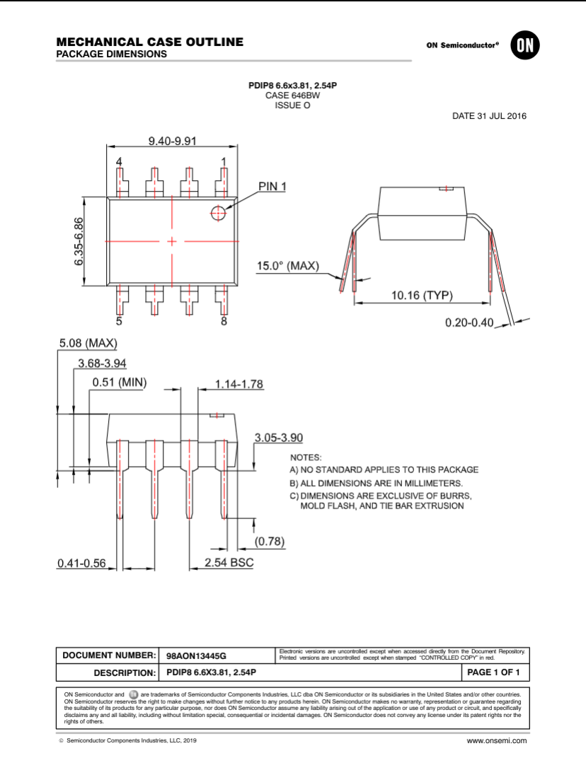 Mechanical case outline and package dimensions diagram for FOD3150A semiconductor component by The Component Centre
