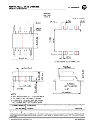 Technical mechanical case outline and package dimensions diagram for FOD3150A semiconductor component