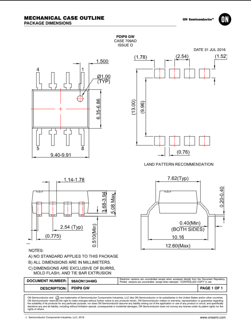 Technical mechanical case outline and package dimensions diagram for FOD3150A semiconductor component