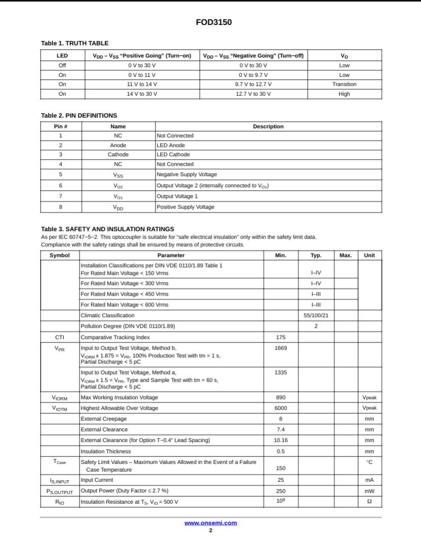 Technical datasheet featuring truth table pin definitions and safety ratings for FOD3150A device
