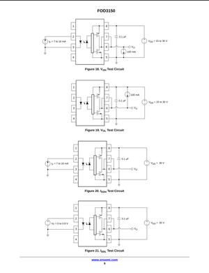 Technical test circuit diagrams for FOD3150A optocoupler showing voltage and isolation tests