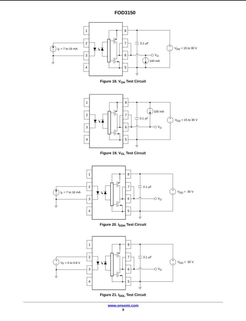 Technical test circuit diagrams for FOD3150A optocoupler showing voltage and isolation tests