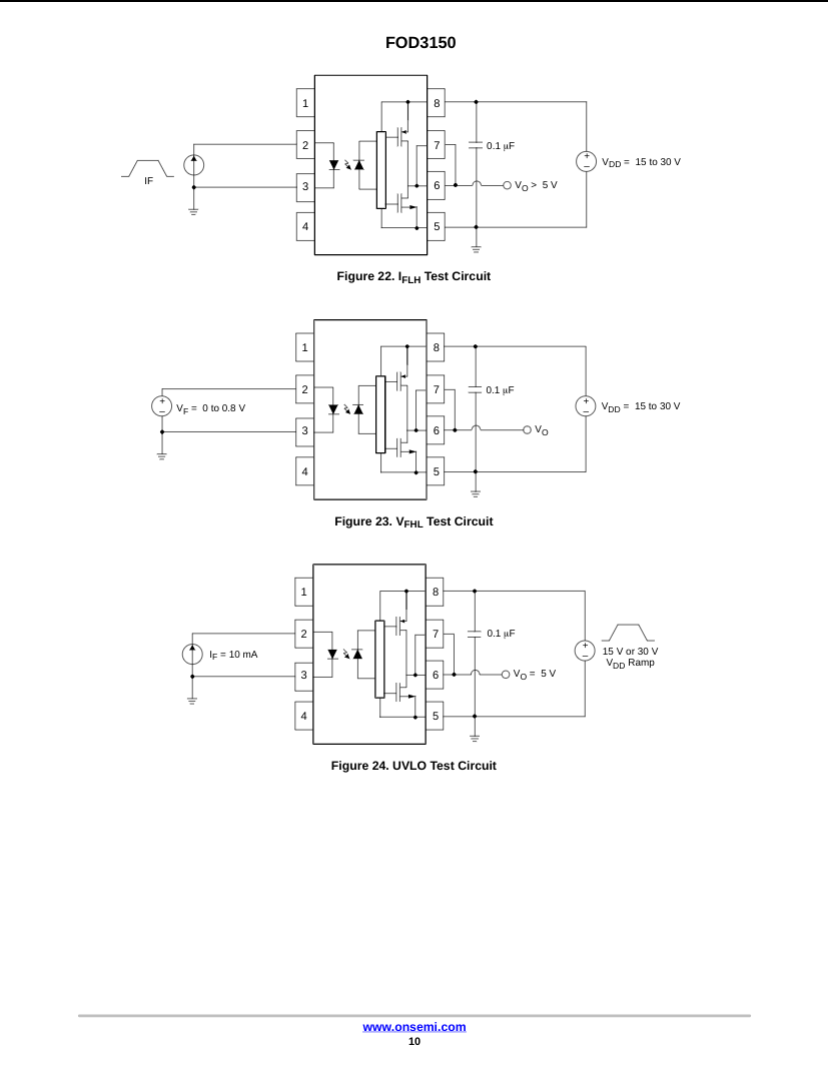 FOD3150A test circuit diagrams showing Lyh, Vyih, and UVLO configurations with voltage and current measurements