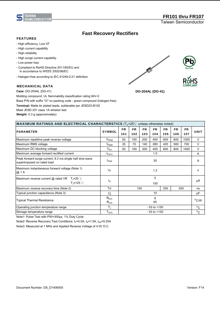 FR107 Fast Recovery Rectifier datasheet from The Component Centre with maximum ratings and electrical characteristics