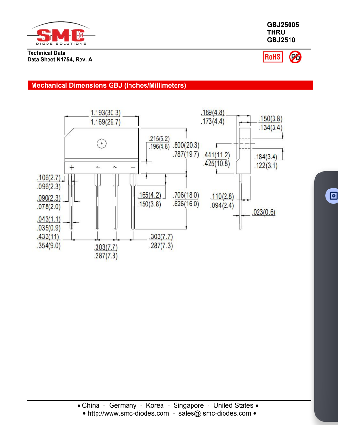 Technical drawing with mechanical dimensions of GBJ2510 bridge rectifier in inches and millimeters