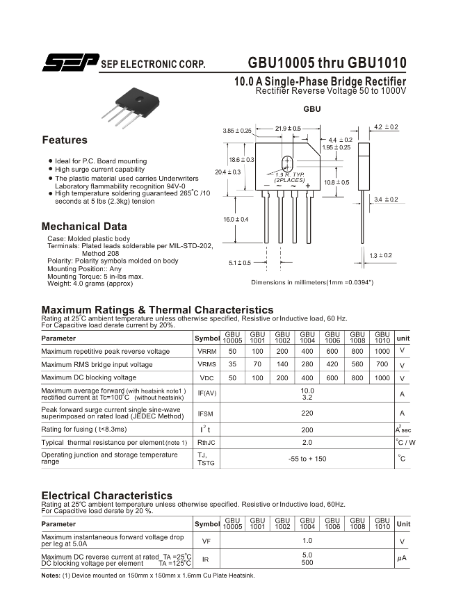 GBU1010 single-phase bridge rectifier diagram with dimensions and electrical specifications from The Component Centre