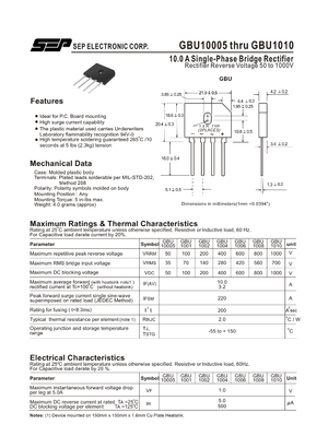 GBU1010 single-phase bridge rectifier diagram with dimensions and electrical specifications from The Component Centre