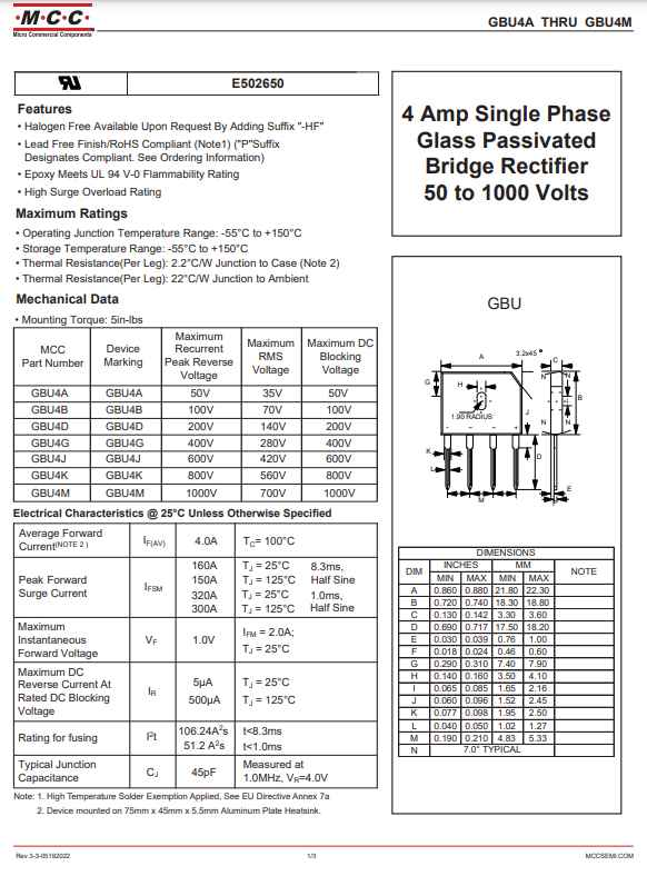 GBU4M 4 Amp single phase glass passivated bridge rectifier datasheet with electrical and mechanical specifications