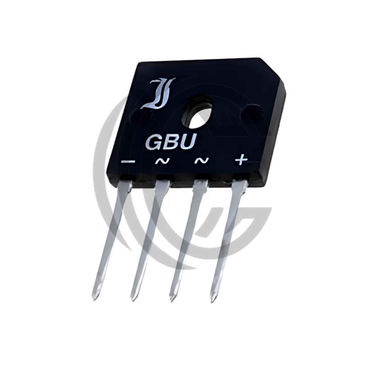 GBU4M bridge rectifier with four metal pins and black plastic body from The Component Centre