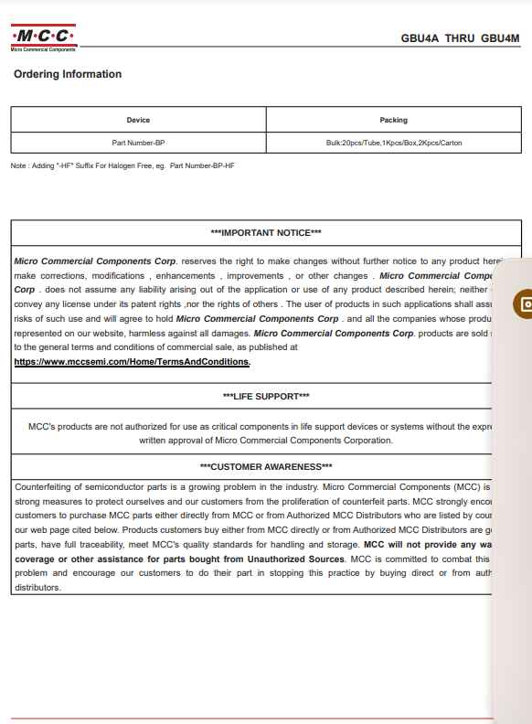 GBU4M ordering information document from The Component Centre with product details and customer awareness notice