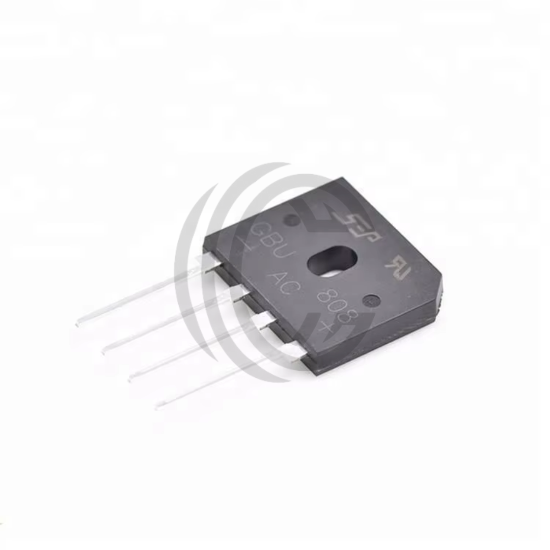 GBU808 bridge rectifier component with four metal leads for electronic circuit applications