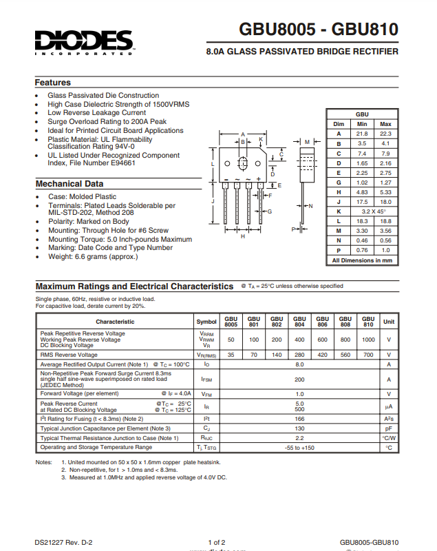 GBU808 8 amp glass passivated bridge rectifier datasheet with mechanical and electrical specifications