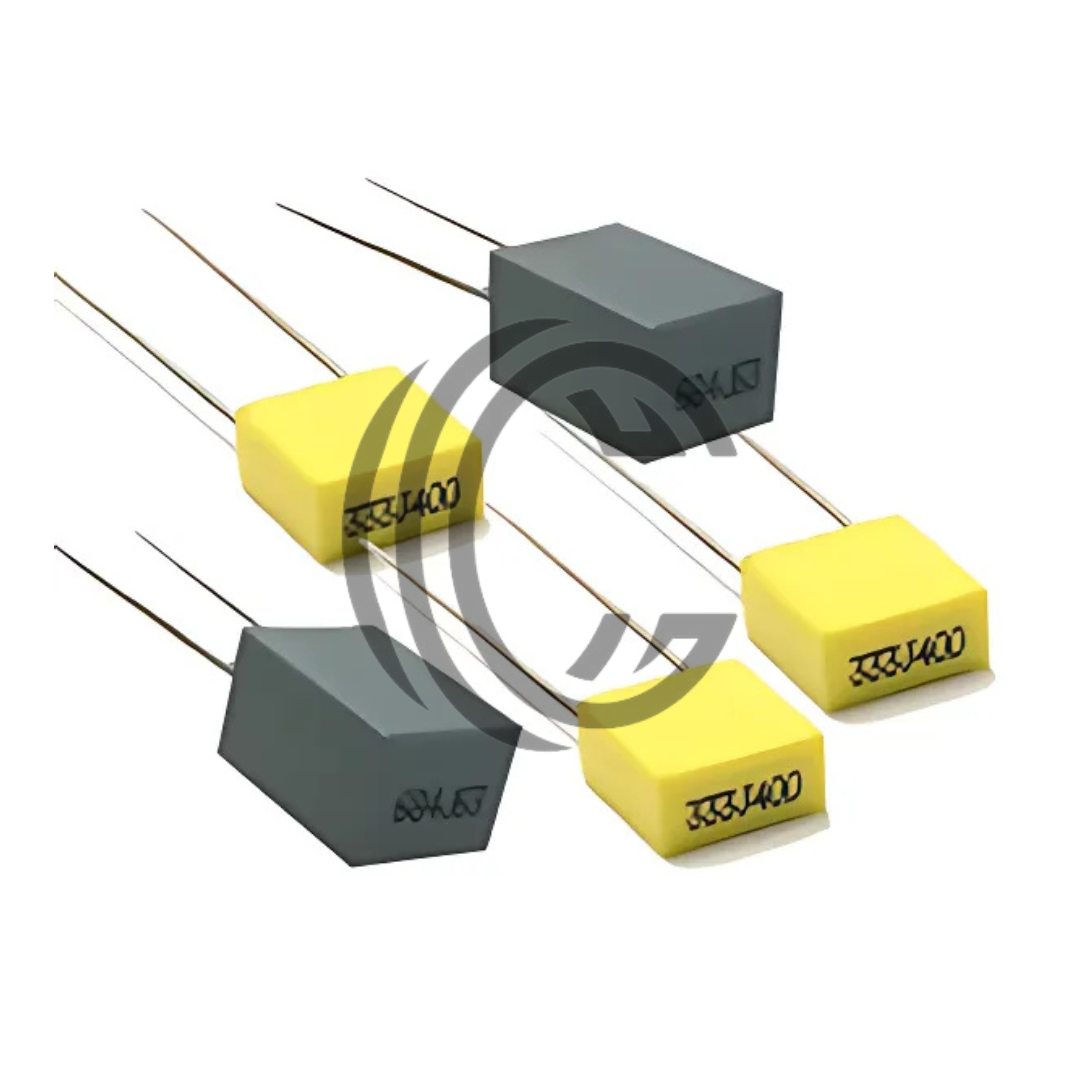 104J100 0.1uF yellow and gray film capacitors with two wire leads from The Component Centre