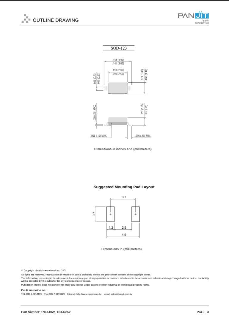 Technical outline drawing and suggested mounting pad layout for 1N4148W diode with dimensions in inches and millimeters