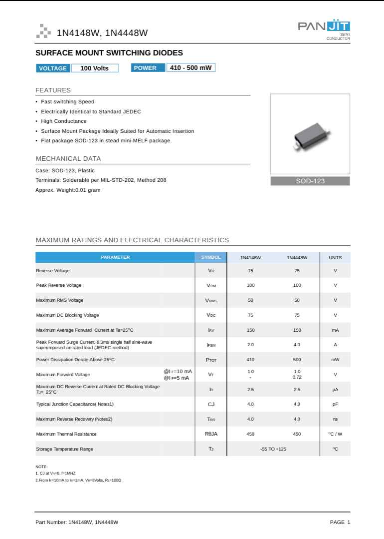 Panjit 1N4148W surface mount switching diode with 100 volts and 410 to 500 milliwatt power rating