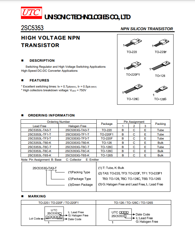 UTC 2SC5353 high voltage NPN silicon transistor datasheet showing specifications and package types