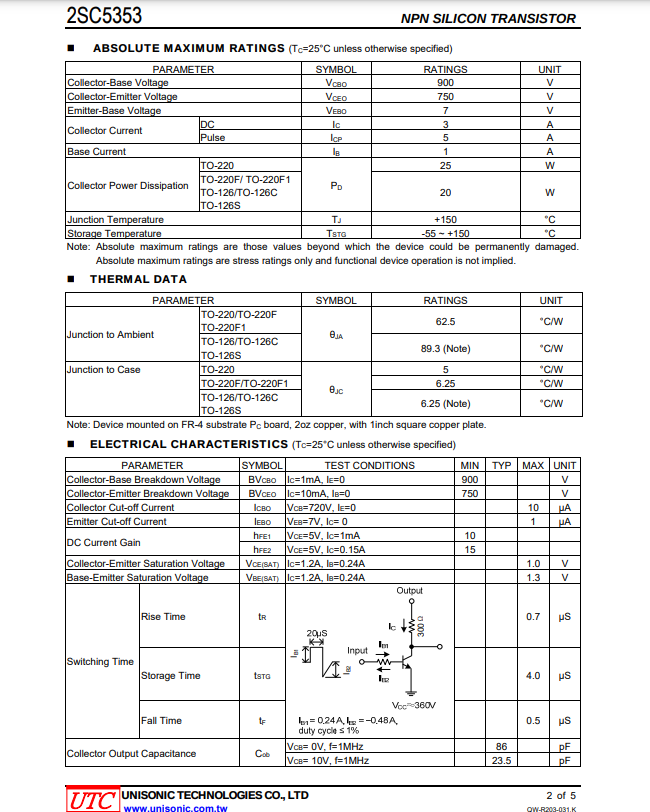 2SC5353 NPN silicon transistor electrical specifications and absolute maximum ratings datasheet page