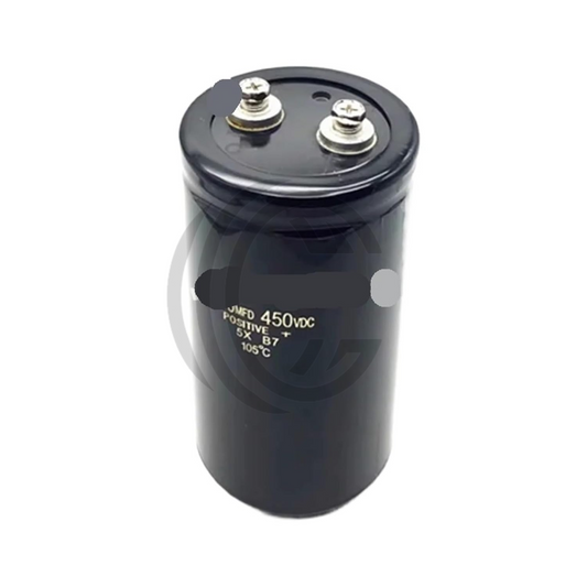 Black cylindrical capacitor from The Component Centre rated 450V 12000uF with metal terminals on top